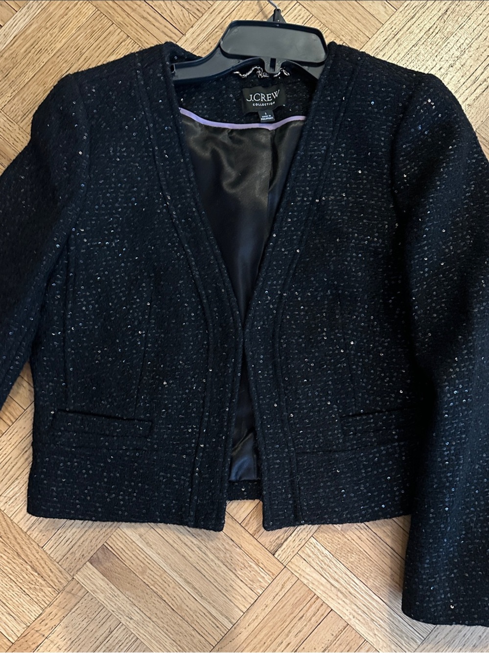 JCrew Black Tweed Sequin-Accent Open-Front Blazer
